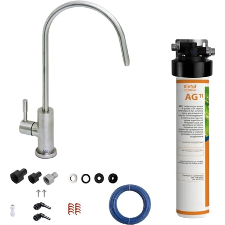 BieTal® Untertisch Wasserfilter Aktivkohle Set mit 1-Wege Hahn Edelstahl matt, effektive Filterung und einfache Installation – Bild 2