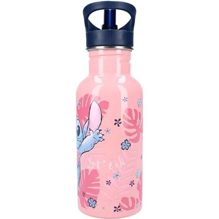 Lilo & Stitch Trinkflasche, Edelstahl Trinkbecher mit Strohhalm, 500ml, rosa mit Stitch-Motiv – Bild 4
