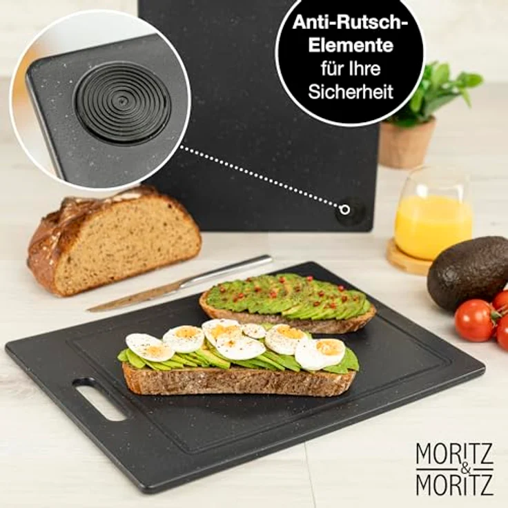 Moritz & Moritz Schneidebrett Kunststoff 36 x 27,5 cm Granitoptik BPA frei mit Antirutschfüßen, Saftrille & Eingriffsöffnung – Bild 5