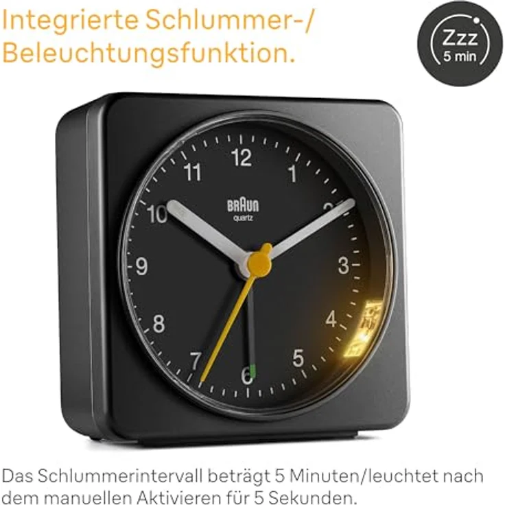 Braun BC03B, klassischer analoger Wecker mit Schlummerfunktion, Crescendo-Alarm und beleuchtetem Ziffernblatt, schwarz – Bild 3