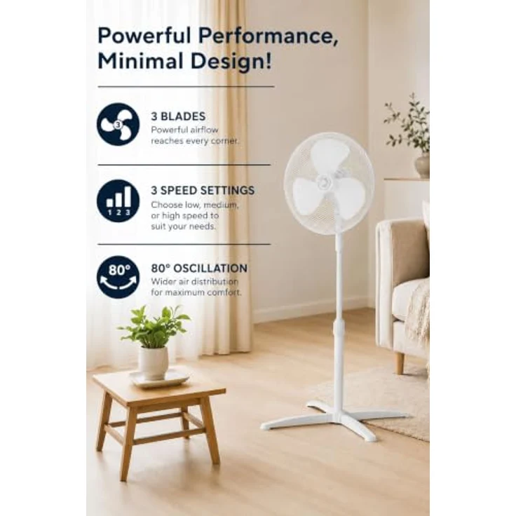 KUMTEL Standventilator, 40 cm mit 80° Oszillation, höhenverstellbar, weiß – Bild 2