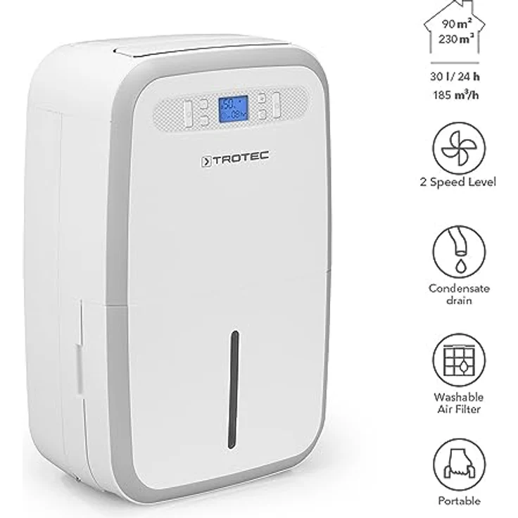 TROTEC Luftentfeuchter TTK 95 E, 30 L/Tag für Räume bis 90 m², Autoabschaltung und hygroskopische Automatik – Bild 2