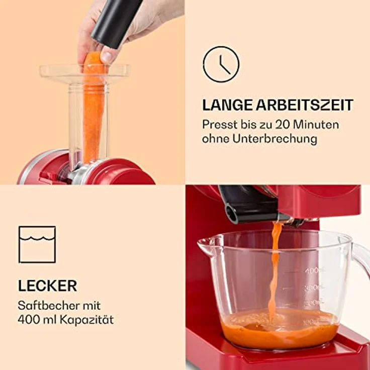 Klarstein Bella Elegance Saftpresse 200 W, Entsafter mit 400 ml, BPA-frei, rutschfester Standfuß, max. Dauerbetriebszeit: ca. 20 Minuten, einfache Reinigung, rot – Bild 4