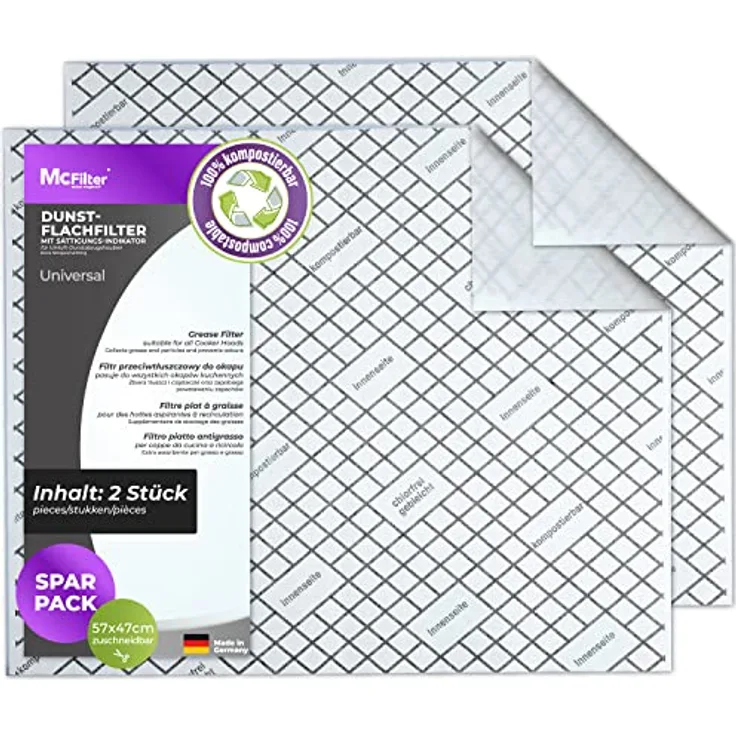 McFilter | 2 Flachfilter kompostierbar mit Sättigungs-Indikator für Dunstabzugshaube, zuschneidbar universal 57 x 47cm, Filter Abzugshaube Dunstabzug - Preisvergleich
