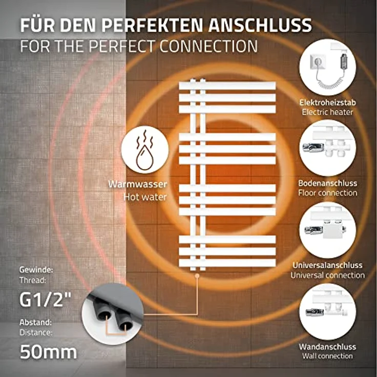 ECD Germany Badheizkörper Elektrisch 500 x 1000 mm Weiß, Flach Designpaneel mit 600W Heizstab, Handtuchwärmer und Trockner – Bild 5