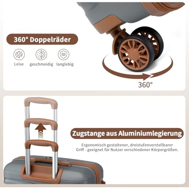 KONO 65 cm Mittelgroß Koffer, leichter Reisekoffer aus 100% Polypropylen mit 4 Rollen, TSA Schloss, grau-braun – Bild 2