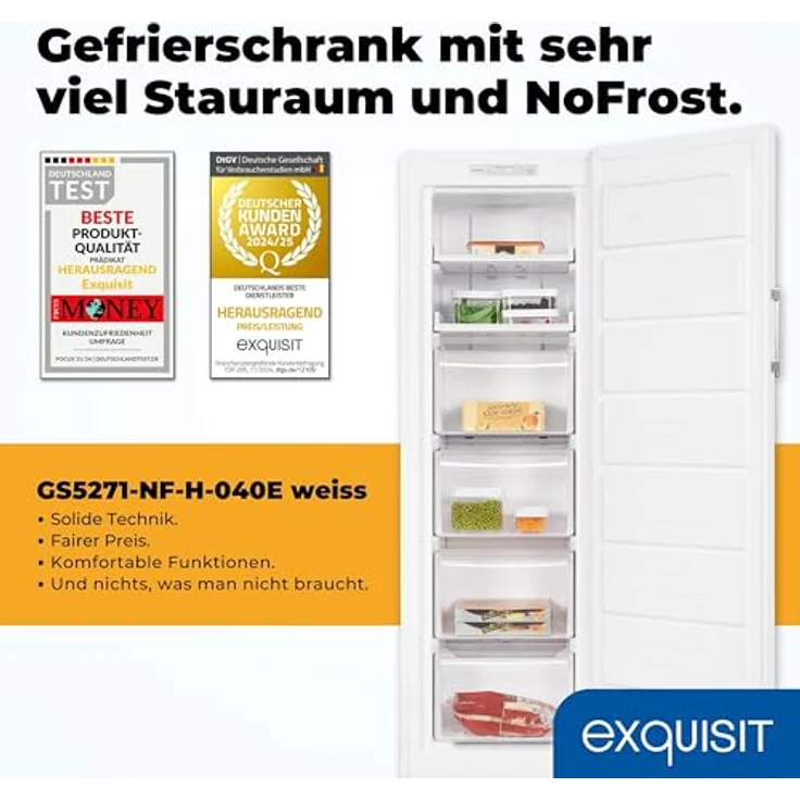 Exquisit Gefrierschrank GS5271-NF-H-040E, 204l Nutzinhalt, NoFrost, Alarmfunktion, 4-Sterne-Gefrieren, abtauautomatisch, weiß: Tests, Infos & Preisvergleich