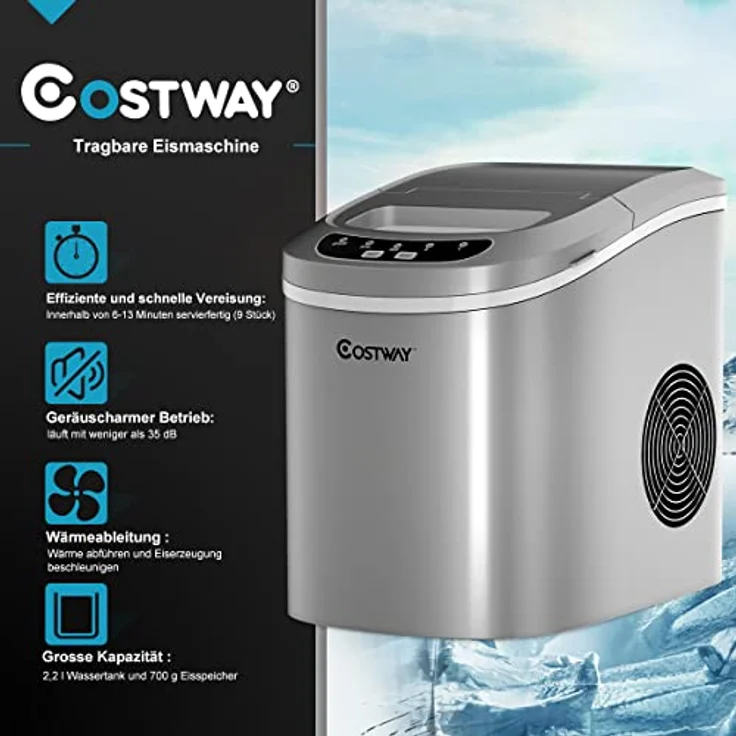 COSTWAY Eiswürfelmaschine 12KG/24H, Ice Maker 9 Eiswürfel in 6-13min, Eismaschine 2,2L Wassertank, Eiswürfelbereiter 2 Eiswürfelgrößen inkl. Schaufel, 25x36x33cm (Silber) – Bild 5
