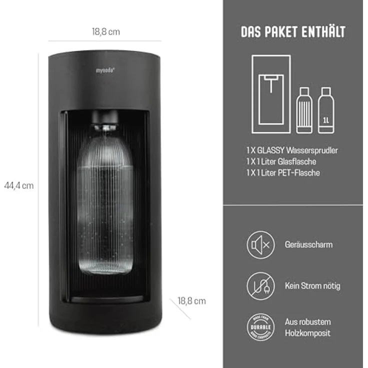 Mysoda Glassy Wassersprudler aus Holzkomposit und Aluminium - Schwarz, mit 1-Liter-Glasflasche & BPA-freier 1-Liter-Plastikflasche – Bild 2