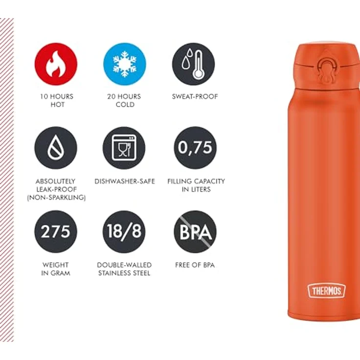 THERMOS ULTRALIGHT BOTTLE 0,75l, Edelstahl Thermosflasche in glowing orange mat, 10h heiß / 24h kalt, absolut dicht für Wasser und Tee – Bild 5