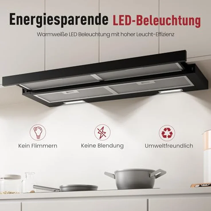 LEVIVO A+++ Flachschirmhaube 90 cm, Einbau Dunstabzugshaube mit 400 m³/h, Umluft & Abluft, 2 Aktivkohlefilter, 4 Fettfilter, 2 Stufen, 2 LEDs, Edelstahl – Bild 4