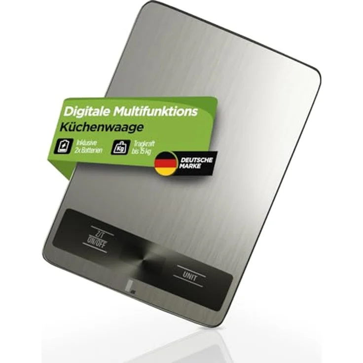 LUNARIA Digitale Küchenwaage 15 kg [PREMIUM], hochpräzise Lebensmittelwaage aus Edelstahl/Kunststoff, große Wiegefläche, LCD-Display, Mehrfacheinheiten (g/kg/oz/lb/ml), batteriebetrieben – Bild 1