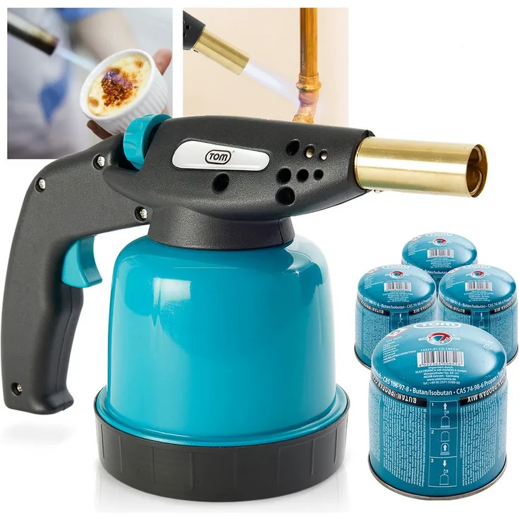 TOM Flambierbrenner Set GB-190, 1300°C Lötbrenner mit 4x 190g Gaskartuschen, Piezzozündung, 1300W, ergonomisch