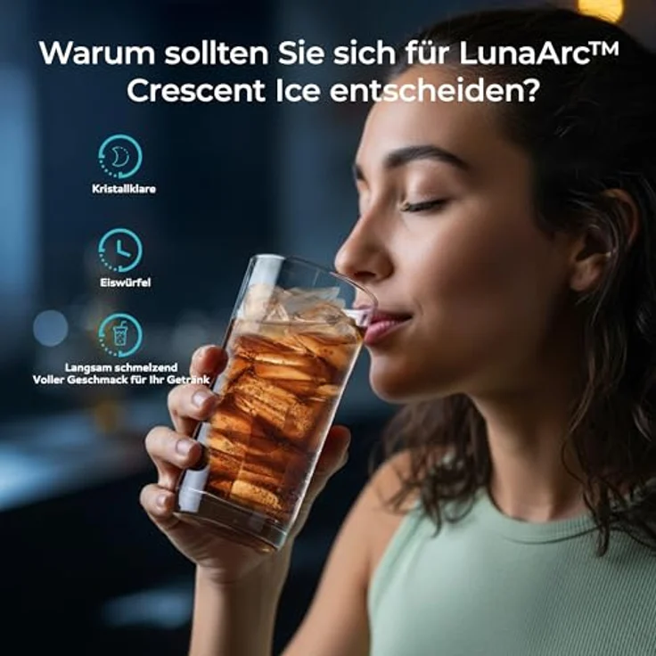 EUHOMY Tragbare LunaArc™ Crescent Eiswürfelmaschine, 1600 Stück/Tag, 12 Minuten Eisproduktion, automatische Tiefenreinigung, ideal für Whiskey/Kaffee/Softdrinks – Bild 3