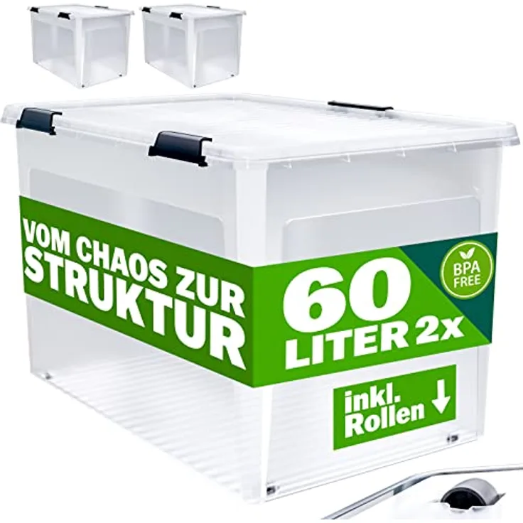 Deuba® Aufbewahrungsboxen 2 x 60l mit Deckel und Rollen, stapelbar, transparent Kunststoff BPA-frei Klickverschluss, RB60 für Büro, Garage, Waschraum
