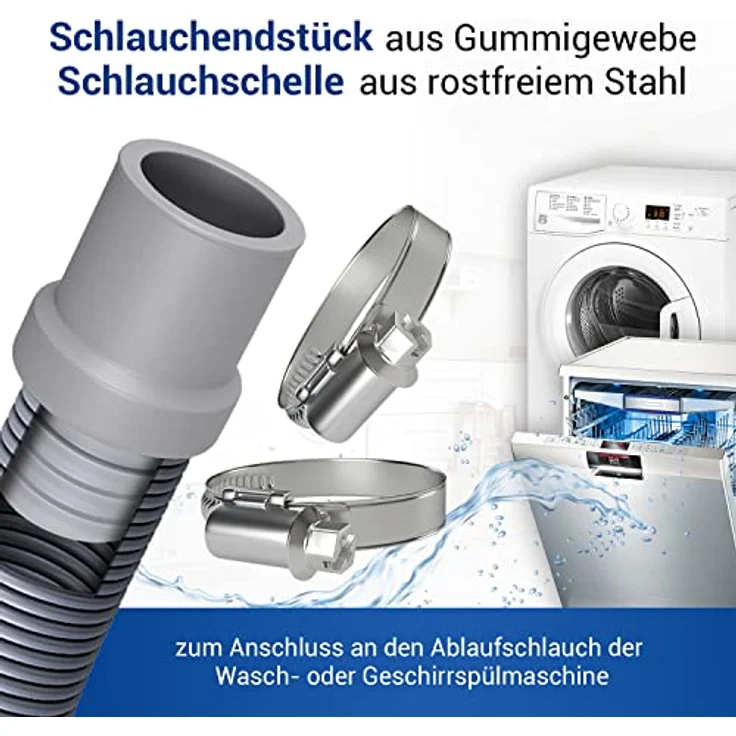 VIOKS Set 2x Schlauchschellen Edelstahl 20-32mm & Waschmaschine Abfluss Adapter 22mmØ für 22mmØ - Spülmaschine Ablaufschlauch Endstück Verbinder - Rostfreie Schellen, hochwertiger Verbinder aus Kunststoff & Gummi – Bild 2