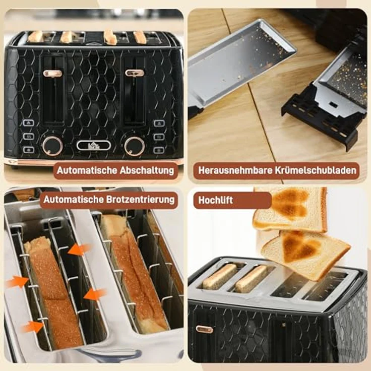 HOMCOM Toaster 4 Scheiben, Schwarz mit 7 Bräunungsstufen, Auftaufunktion und Aufwärmfunktion – Bild 6