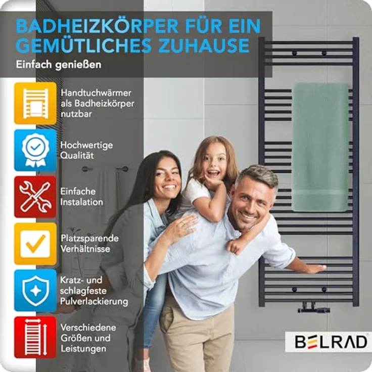 Belrad Badheizkörper Mittelanschluss, Schwarz Matt Gebürstet, 1600 x 600 mm, 828 W, aus Qualitätsstahl – Bild 3