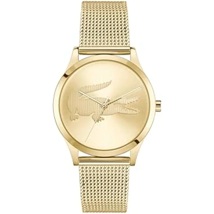 Lacoste Crocodile Damen Uhr, 36 mm, Drei-Zeiger-Quarzwerk mit goldfarbenem Edelstahl-Mesh-Armband, wasserdicht bis 5 ATM, Modell 2001416