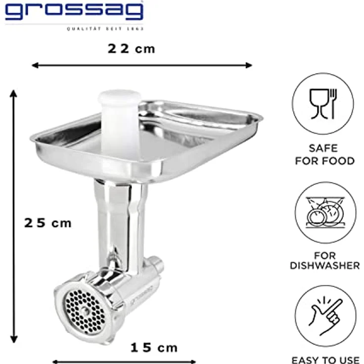 grossag Fleischwolf für KitchenAid Größe 5 Edelstahl Spülmaschinenfest Inklusive 3 Lochscheiben – Bild 3