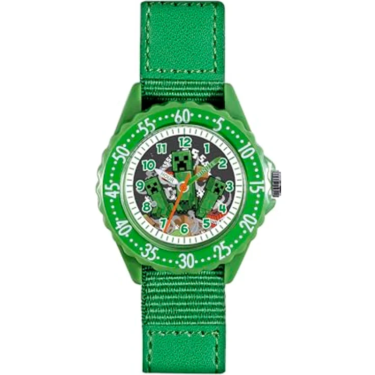 Accutime Minecraft Time Teacher, Uhr zum Erlernen des Uhrzeitlesens mit grünem Armband und Creeper-Zifferblatt-Design – Bild 1