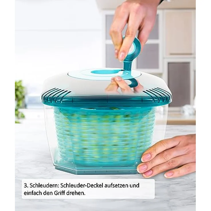 Genius Nicer Dicer Chef Professional Salatschleuder mit Deckel | Set 4-tlg. Zubehör, Auffangbehälter, Schleudersieb, 5.2 L Fassungsvermögen, Gemüseschleuder, Salatschüssel, Salattrockner Transparent – Bild 5