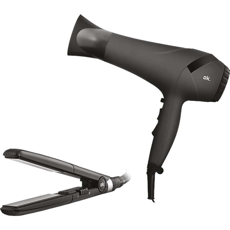 OK. OHCB 225 Haartrockner und Haarglätter, 2200 Watt, Schwarz, mit Diffuser und Keramikheizplatten, 3 Temperatur- und 2 Gebläsestufen, inkl. Reisetasche