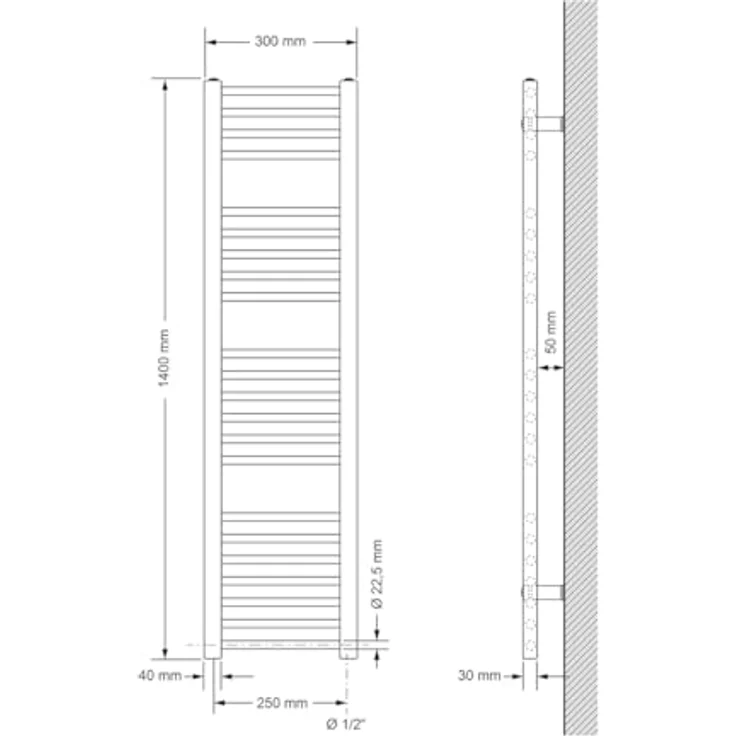 LuxeBath Badheizkörper Sahara, 300x1400 mm, Schwarz matt, gerade mit Seitenanschluss, Handtuchwärmer und Trockner für Badezimmerheizung – Bild 2