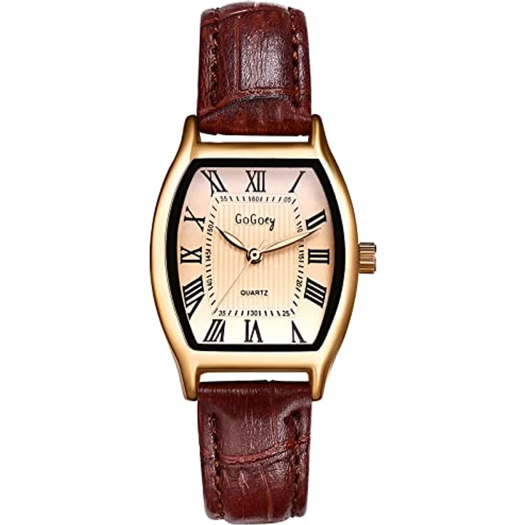 JewelryWe Damen Analog Quarz Armbanduhr, Retro Römische Ziffern, Rechteckig mit Braunem Lederarmband, wasserdicht – Bild 1