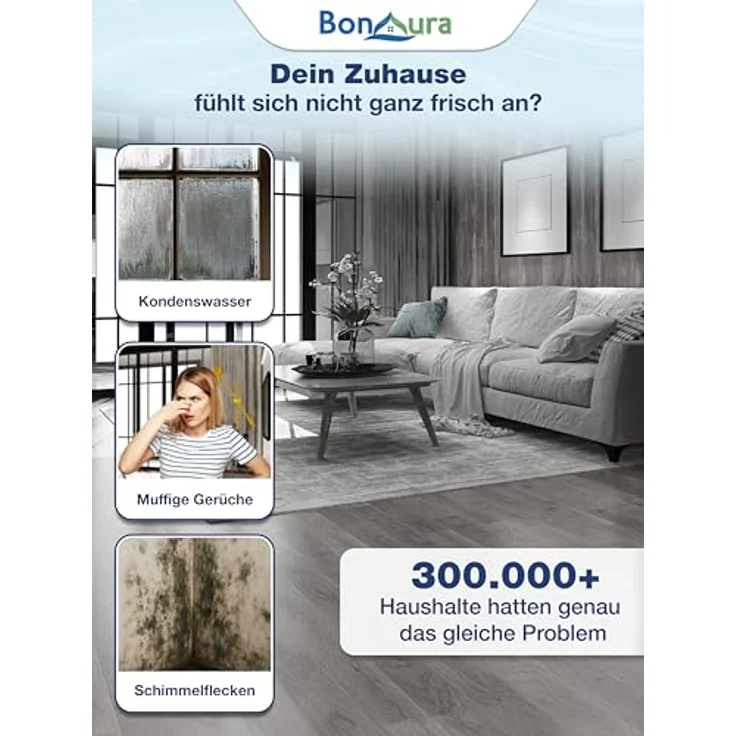 BonAura® Luftentfeuchter ohne Strom, effektiver Raumentfeuchter für Räume bis 23m², inklusive 680g Nachfüllpack Granulat, Schutz vor Schimmel – Bild 2