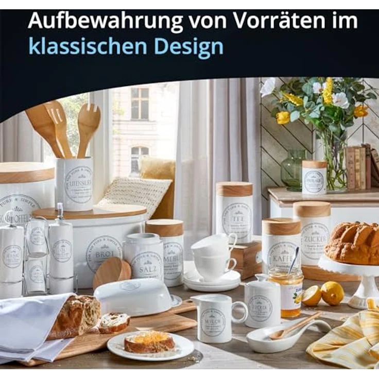 KHG Kaffeedose luftdicht, Vorratsdose für 250g Kaffeebohnen / 300-400g Kaffeepulver, Keramik Weiß mit Holzdeckel, glänzend glasiert, rund, beschriftet – Bild 3