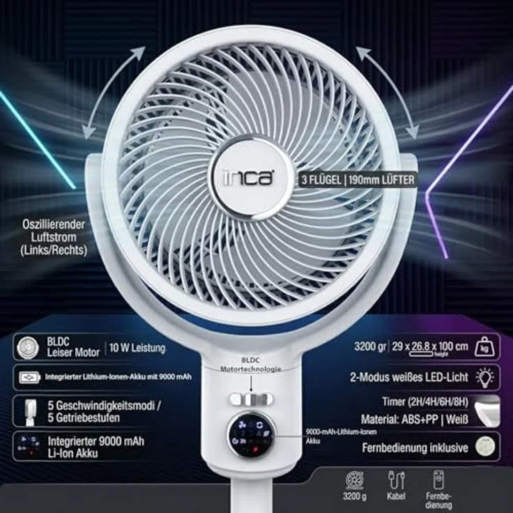 İnca IAF-01B Standventilator, 9000 mAh Akku, leiser BLDC Motor, 5 Geschwindigkeitsstufen, Oszillation, höhenverstellbar, Fernbedienung, ideal für Zuhause & Büro – Bild 2