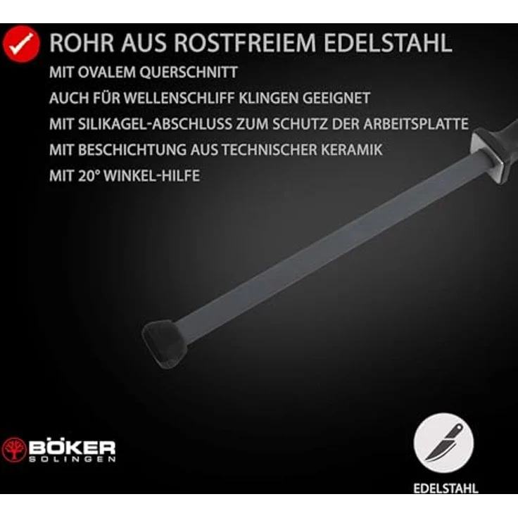 BÖKER SOLINGEN® Keramik Schleifstab 28 cm, Profi Wetzstahl oval mit 20° Winkel-Hilfe, Küchenmesser-Schärfer mit mittlerer Körnung 1000, schwarz – Bild 3