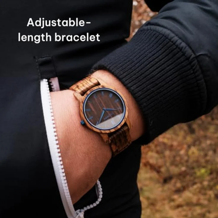 Holzkern Quarzuhr Herbstmorgen, Unisex Armbanduhr aus Zebrano/Wenge mit japanischem Quarzwerk und blauem Zifferblatt – Bild 3