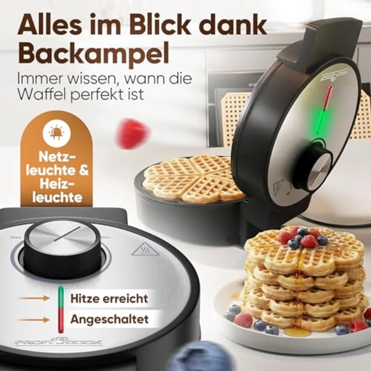 ProfiCook Waffeleisen PC-WA 1314, Herzform mit Antihaftbeschichtung, 1200W, stufenlos einstellbare Bräunungsgrade, edelstahl, wärmeisolierter Griff – Bild 6