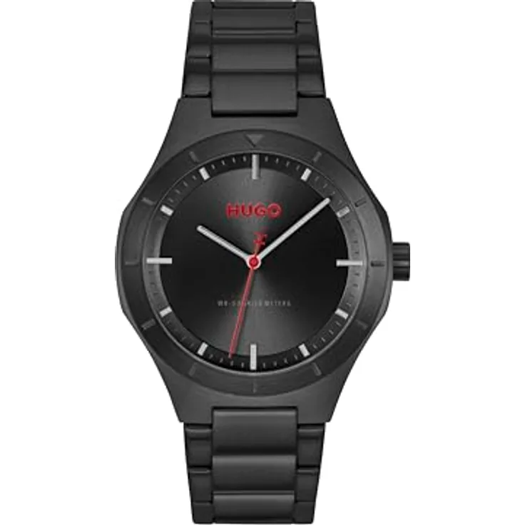 HUGO Armbanduhr #LIT, 3-Zeiger-Quarzwerk, 42 mm Edelstahlgehäuse, schwarzes Zifferblatt, schwarzes Edelstahlarmband mit PVD-Beschichtung, 5 ATM wasserdicht