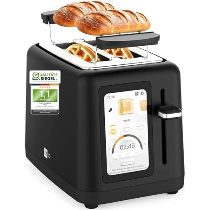 aeco toastlab Elite Toaster für 2 Scheiben, 10 Programme, 6 Bräunungsstufen, 850W, 5" LCD Display, extra breite Toastschlitze, Brötchenaufsatz, Liftfunktion, Krümelfach – Bild 1