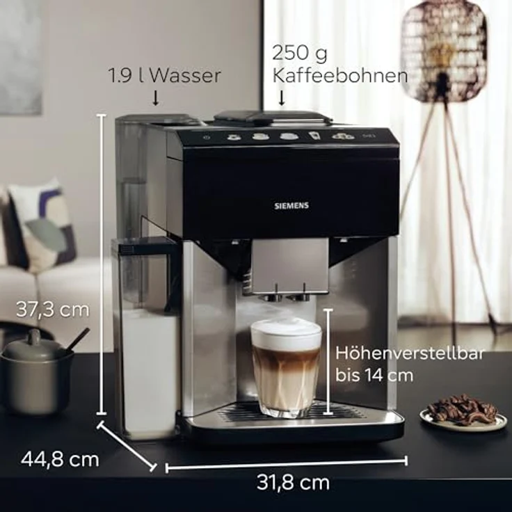 Siemens Kaffeevollautomat EQ500 integral TQ517D03, viele Kaffeespezialitäten, Milchaufschäumer, integr. Milchbehälter, 2-Tassen-Funktion, automat. Dampfreinigung, 1500 W, edelstahl/klavierlack schwarz – Bild 2