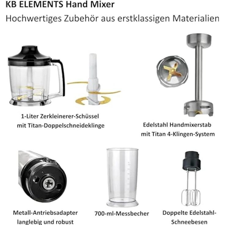 KB ELEMENTS Stabmixer 800 Watt, Elektrischer Stabmixer mit Voll Kupfer Motor, 8 stufenlosen Geschwindigkeiten, Titan Klingen, Edelstahlgehäuse – Bild 2