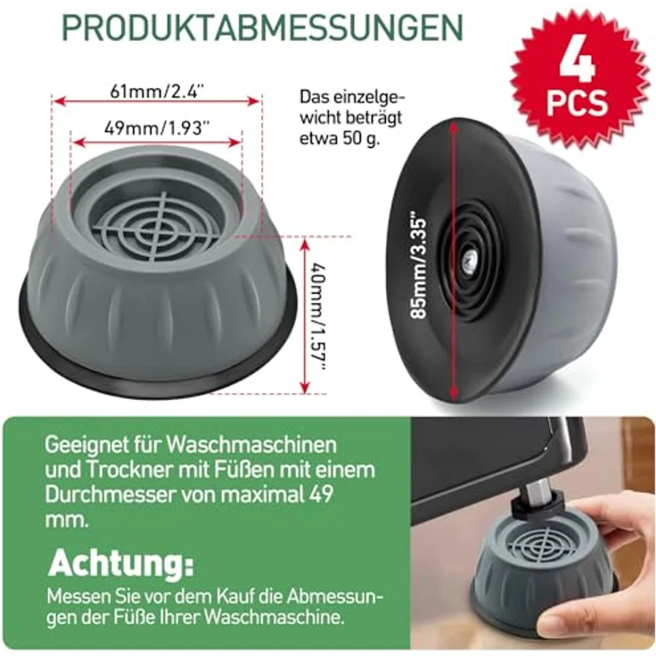 XIANGLONGY 4 Stück Waschmaschinenfüße, Anti-Vibrations-Stoßdämpfer, rutschfest und höhenverstellbar, für Waschmaschinen bis 47 mm Durchmesser – Bild 2