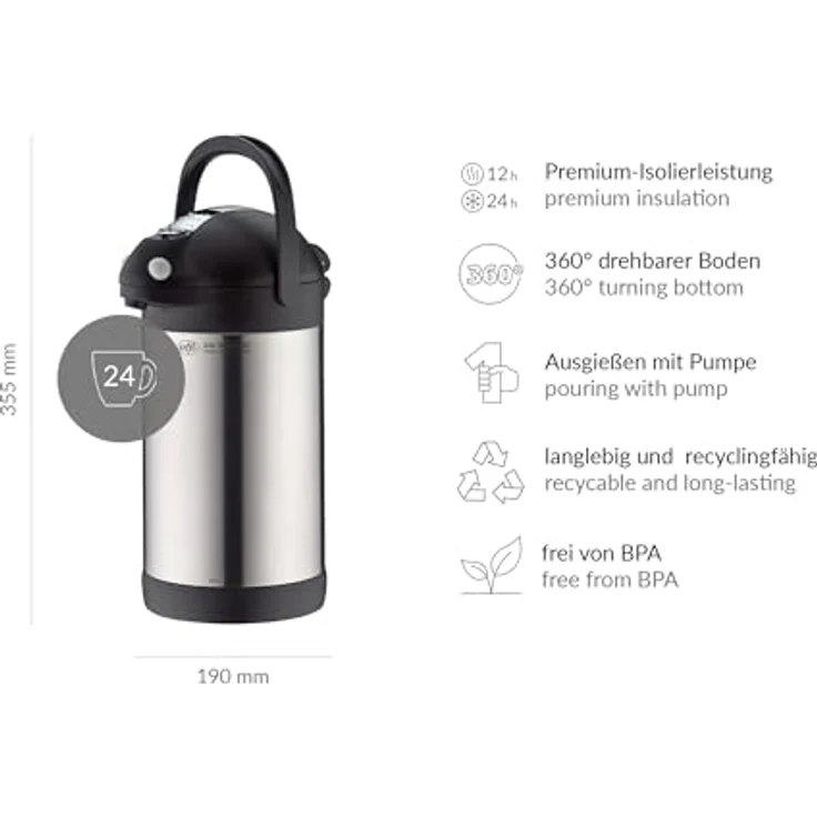 alfi 0887.020.300 Getränkespender, Pumpkanne Big Spender, Edelstahl mattiert 3,0 Liter, 12 Stunden heiß, 24 Stunden kalt – Bild 6
