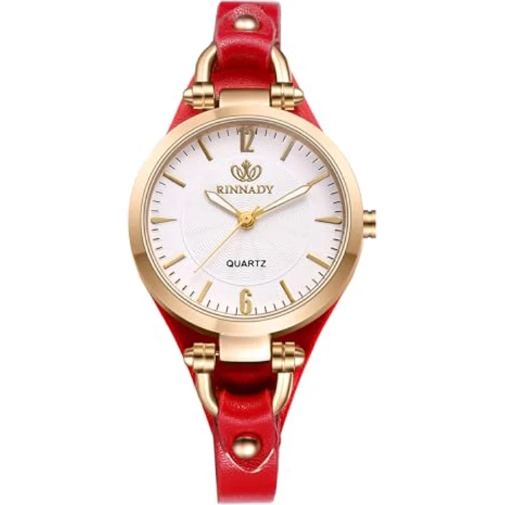 JewelryWe Vintage Damen Uhr, Klassische Analog Quarz Armbanduhr mit Rotem Lederarmband, 1 ATM Wasserdichtigkeit – Bild 1