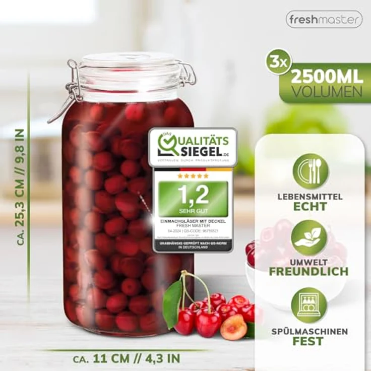 Fresh Master Einmachgläser mit Deckel - Set aus bruchsicherem Glas, Spezialdichtung und Edelstahl Bügelverschluss - Marmeladengläser Gläser Set, 3 x 2500ml – Bild 3
