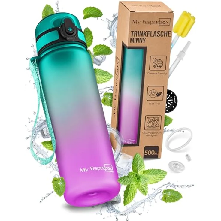 My Vesperbox Trinkflasche Minny, 500ml, auslaufsicher, kohlensäuregeeignet, mit Strohhalm und Fruchtsieb, perfekt für Kinder – Bild 1
