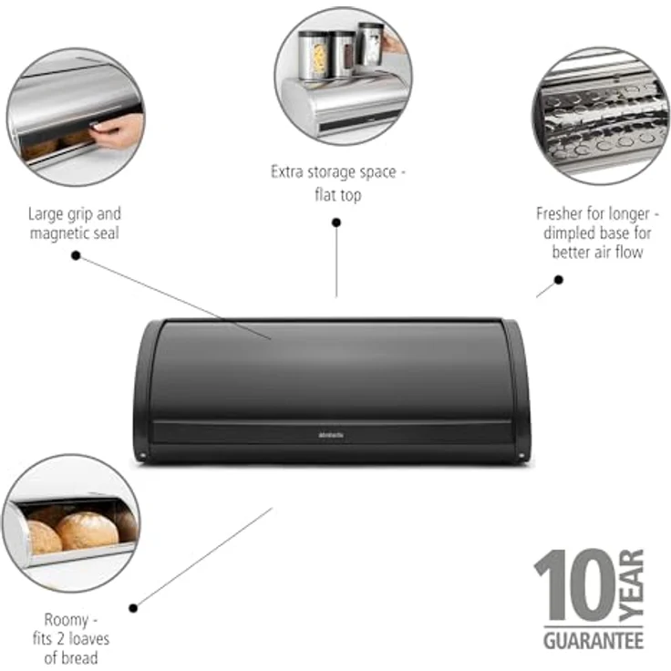 Brabantia Rollbrotkasten, große Aufbewahrungsbox für Brot, Bagels und Brötchen, platzsparendes Küchendesign mit flachem Deckel, langlebiger Stahl, mattschwarz – Bild 3
