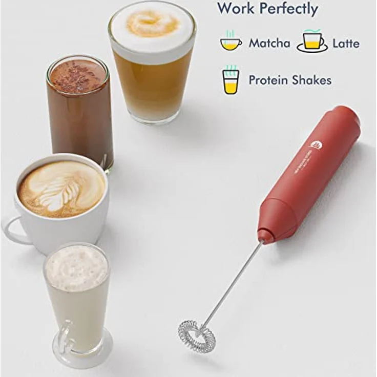 New England Stories Handheld Foam Maker, leistungsstarker Milchaufschäumer mit Edelstahl-Schneebesen, rot, für Kaffee, Cappuccino, Latte und Matcha, ergonomisches Design mit Ständer – Bild 4