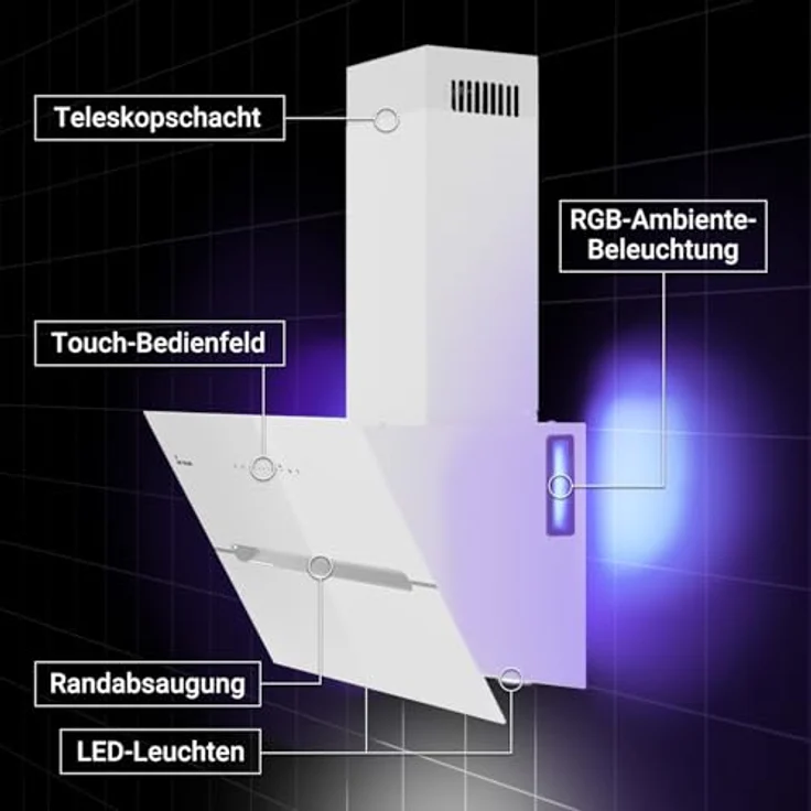 KKT KOLBE Dunstabzugshaube ECCO9005WM, 90 cm, 782 cbm/h, kopffrei, Wandhaube, Weiß Glas, Smart WiFi App, RGBW-LED-Beleuchtung, energieeffizient A+++ – Bild 3