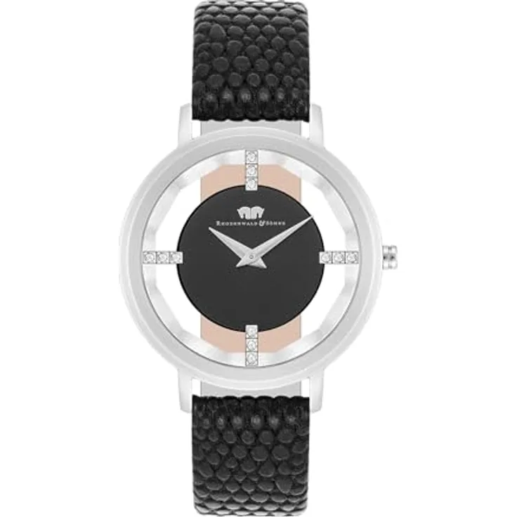Rhodenwald & Söhne Damen Analog-Uhr, Japan Quarzwerk mit schwarzem Echtleder-Armband, 36 mm, spritzwassergeschützt, Kristallverzierung