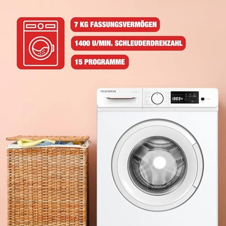 Telefunken Waschmaschine 7kg Frontlader 1400 U/Min. Inverter Motor Schontrommel 15 Programme W714A1W weiß – Bild 3