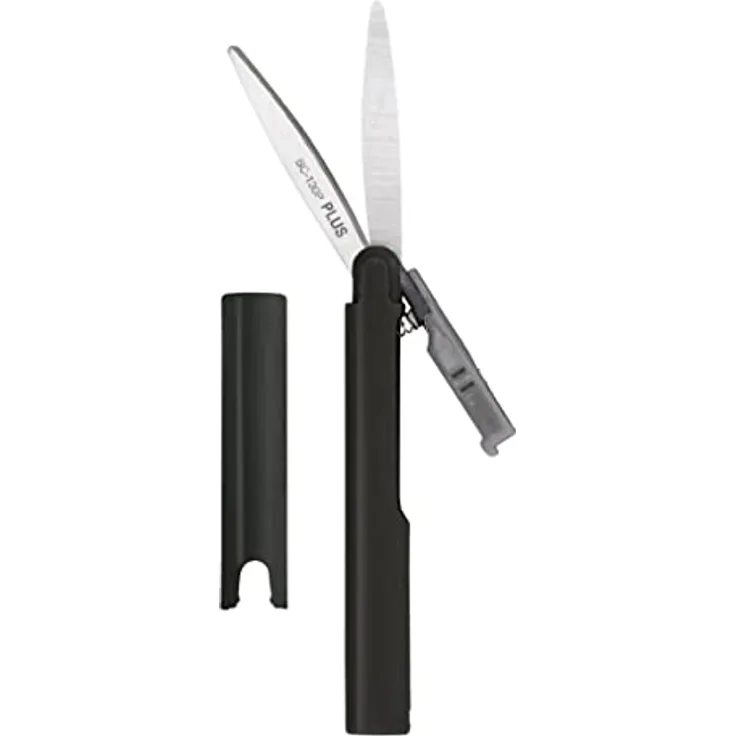 Reiseschere mit beschichteten Schneiden, Taschenschere antihaft, Sicherheitsverschluss mit Kappe, stiftform, Schwarz